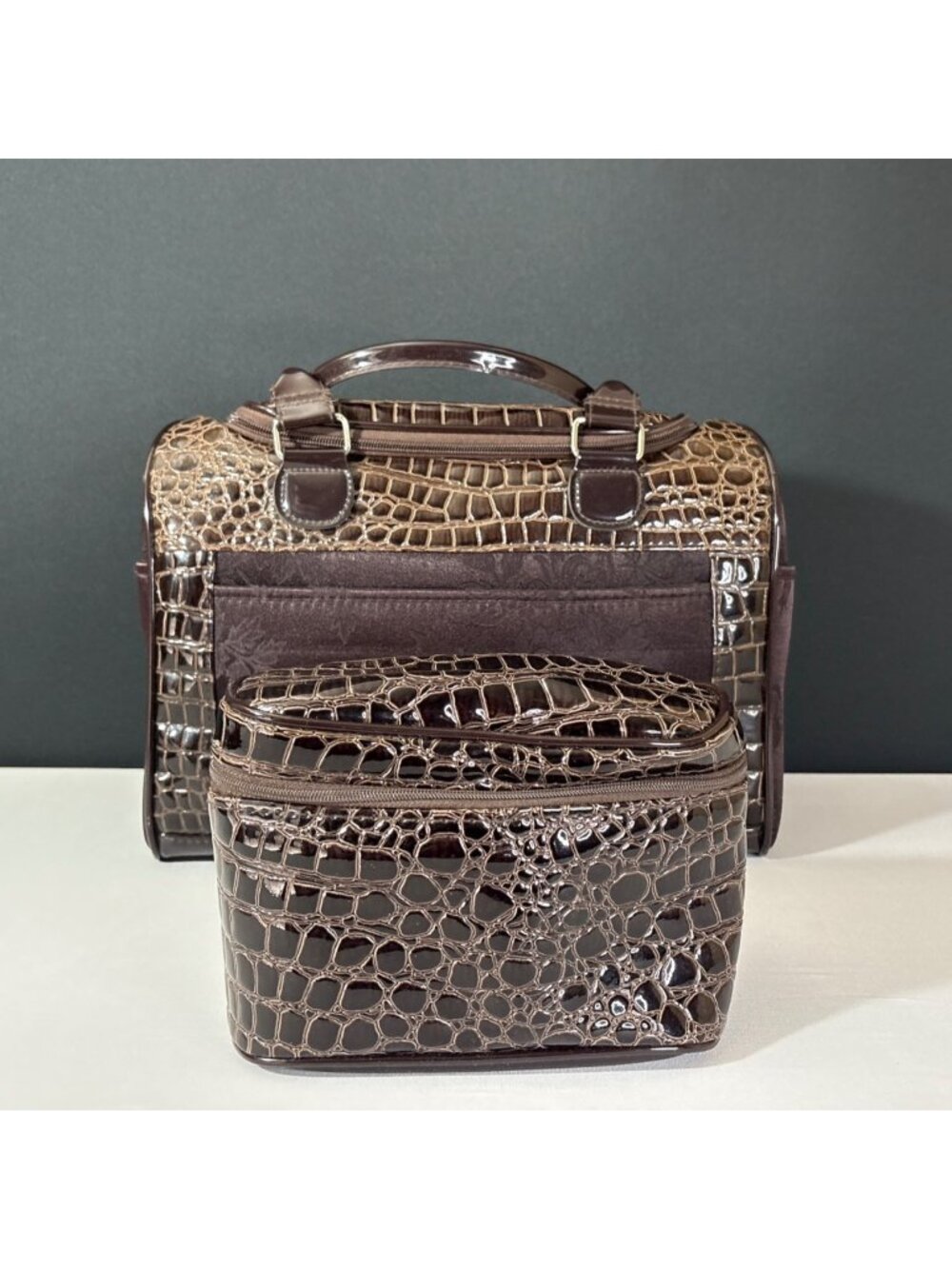 Faux Crocodile Travel Bag  Duffel Dual Handbag With Cosmetic Case Brown Floral - Picture 6 of 16